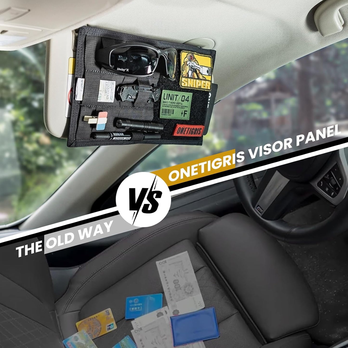 ONETIGRIS Molle Visor Panel Organizer, Tactical Car Sun Visor Organizer Molle Patch Panel Vehicle Visor Storage Holder Pouch, Molle Webbing with Hook-and-Loop Straps for Cars, Trucks, Suvs etc.