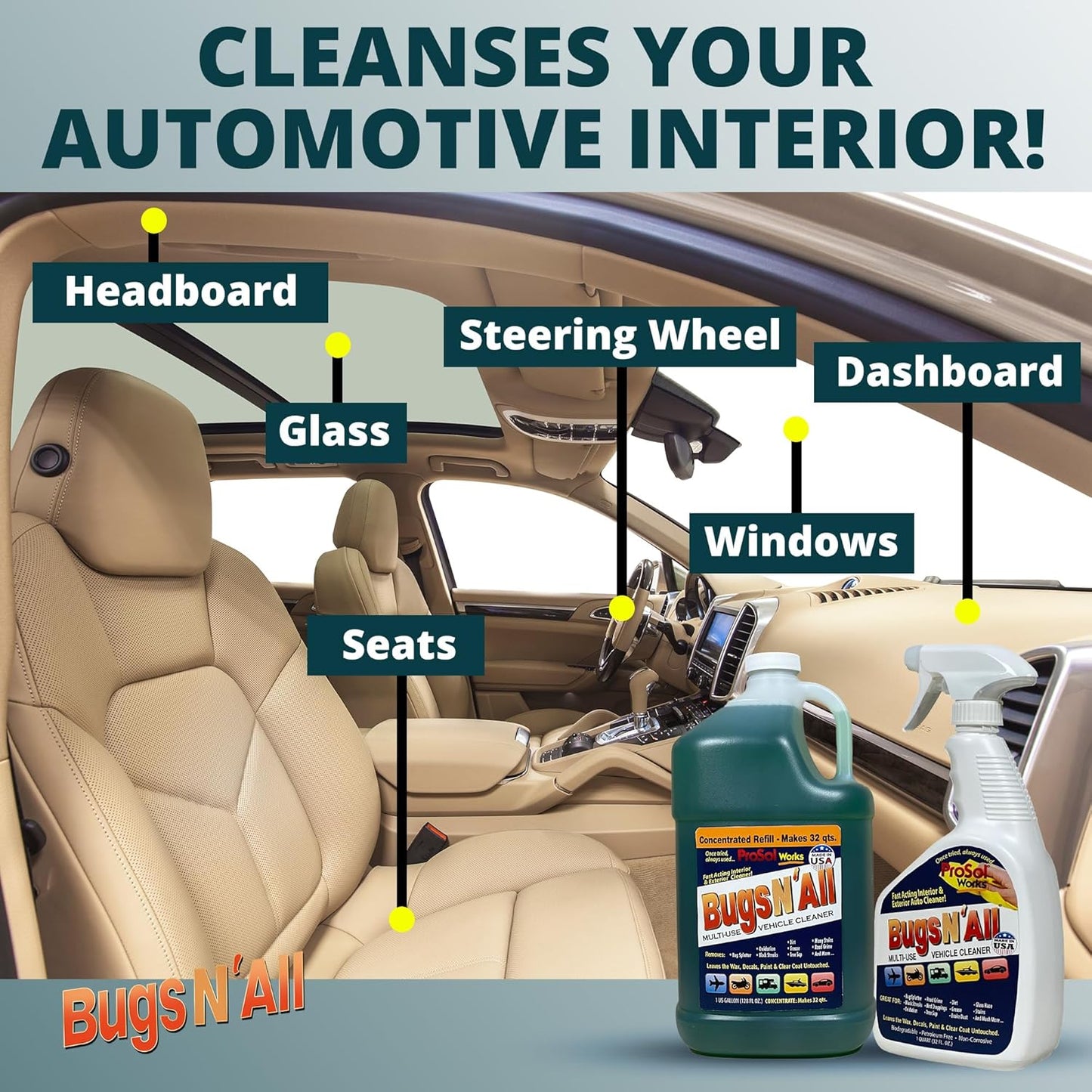 Bugs N’ All Multipurpose Car Cleaner & Degreaser - Bug & Tar Remover Concentrate 4 oz - Exterior Cleaner Safe for Car Paint, Metal, Chrome, Aluminum, Windows & Mirrors - w/Free 32 oz Spray Bottle