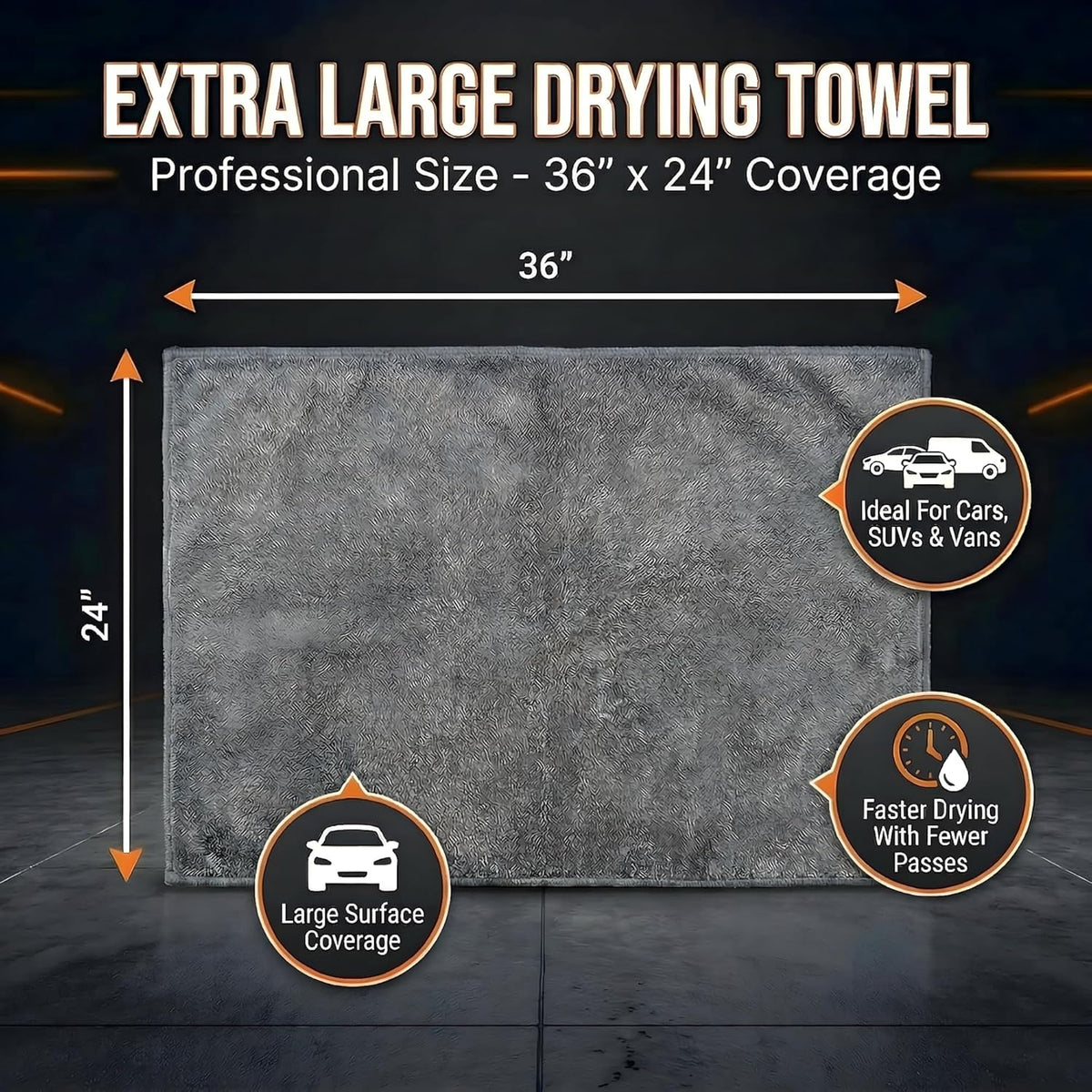 Car Drying Towel Extra Large 36" x 24" 1400 GSM Twisted Loop Microfibre - Charcoal Drying Towel Car Detailing, Double-Sided Edgeless Design, Super Absorbent, Durable Machine Washable and Lint-Free
