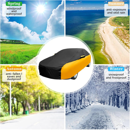Riakrum Full Car Cover Waterproof All Weather for Automobiles Windproof Cover Rain UV Protection Sun Scratch Resistant Outdoor Universal(Fit Sedan Length (185-193'') 70'' H,Black, Orange)