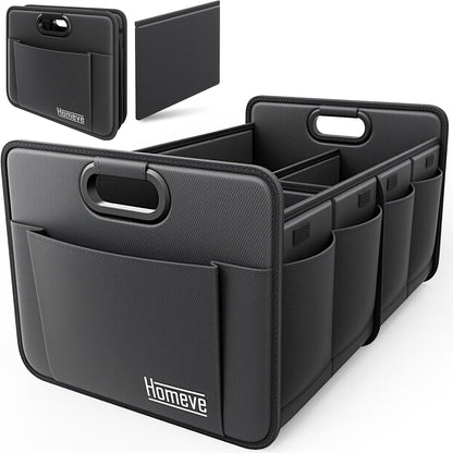 Homeve Car Trunk Organizer for SUV, 18.5Gal Large Capacity No-Sag Heavy Duty, Foldable Waterproof Anti-Slip Storage with 12 Pockets, Fit Sedan,Truck, Universal Car Accessories, Black, Large, 2 Compart
