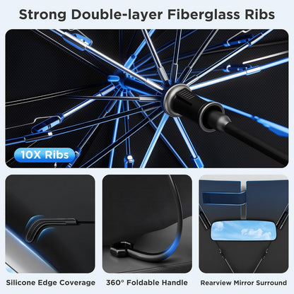 2026 Upgraded Windshield Sun Shade Umbrella [7-Layer Vinyl Coating Heat Shield] Foldable Front Window Sunshade Umbrella Flexible Handle Protect Interior from UV Keep Car Cooler (57" x 31")