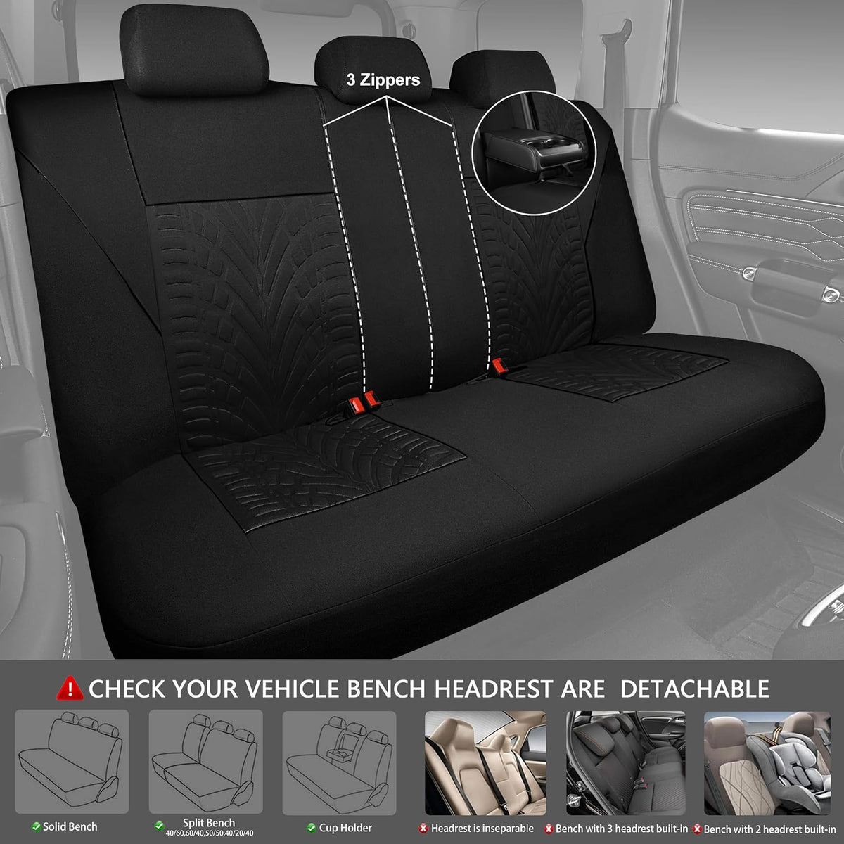 CAR PASS Car Seat Covers Full Sets, Front & Split Rear Bench for Car, 3D Tyre Embossed Automotive Interior Covers, Airbag Compatible, Quick Setup Universal Fit Seat Covers for Car, SUV(Charcoal)