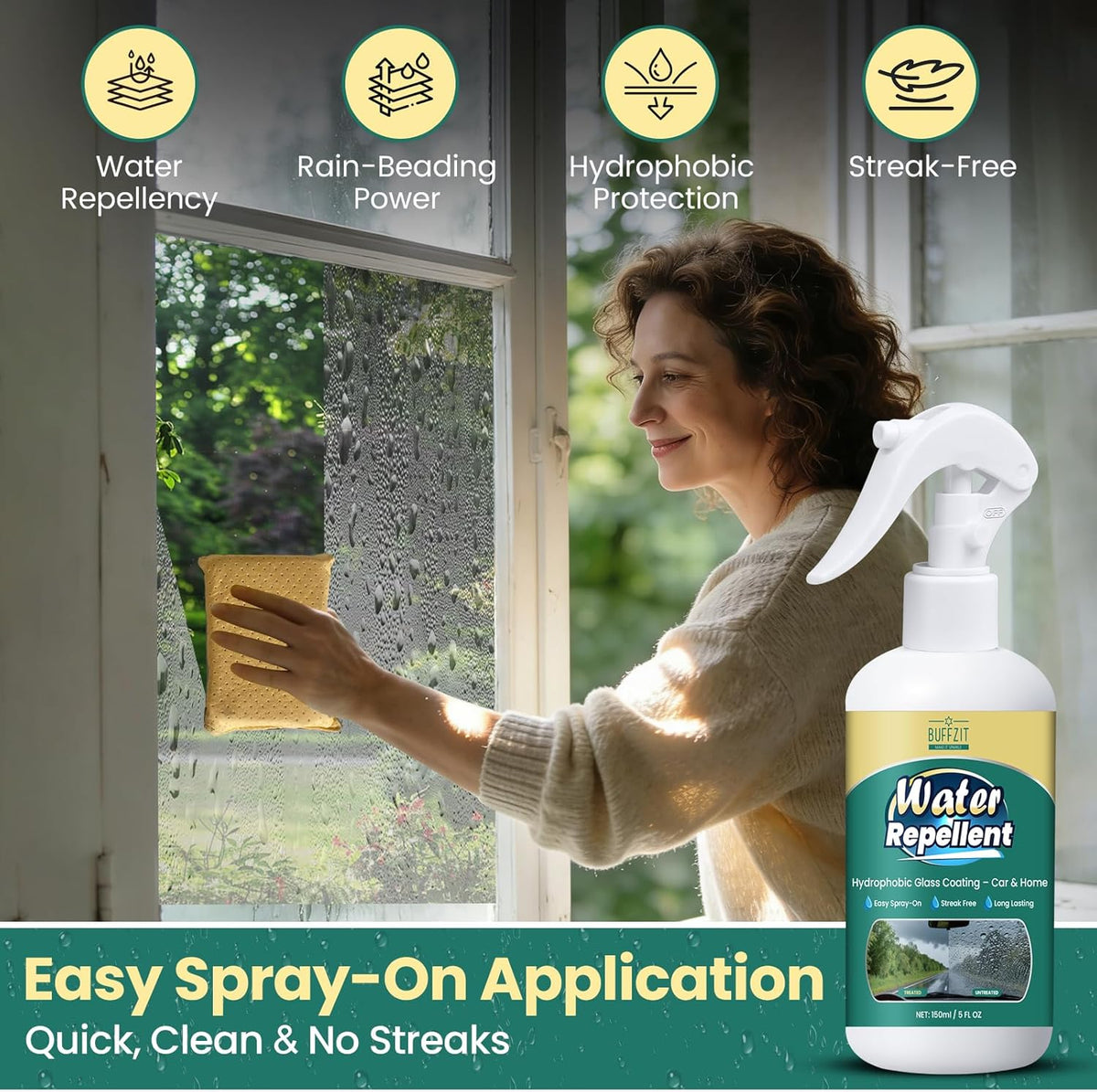 Glass Water Repellent Spray - Hydrophobic Rain Repellent for Car Windshield, Shower Doors, Windows & Mirrors - Long-Lasting Waterproof Treatment, Streak-Free Vision, Prevents