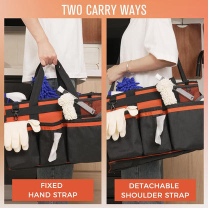 SCAVATA Wearable Cleaning Caddy Organizer with Handle & Shoulder Straps for Housekeepers, Under Sink & Car Cleaning Tool Organizer Bag with 4 Foldable Dividers (Green)