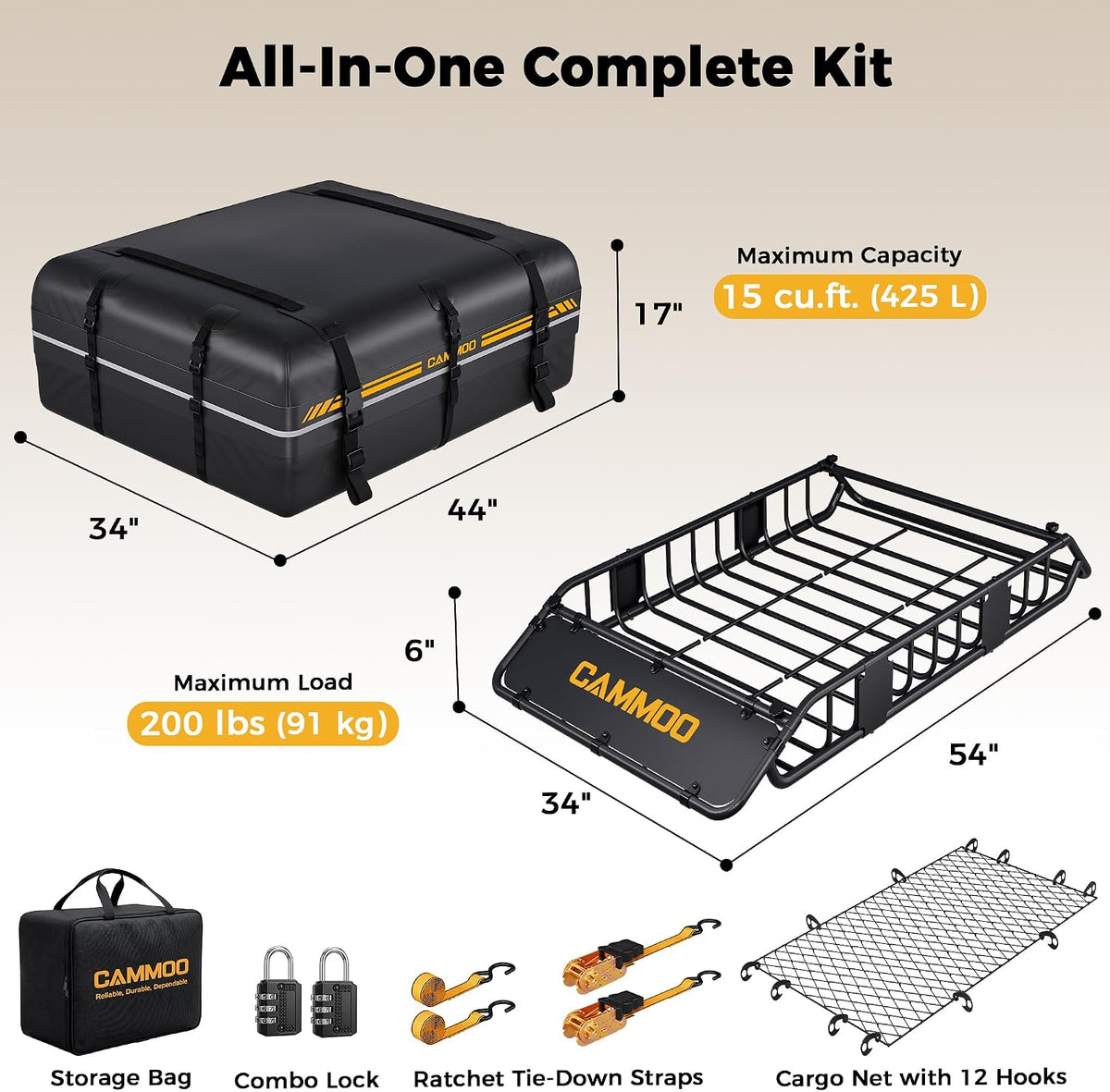 CAMMOO 54"x34" Roof Rack Basket, Removable Fairing & Support Bars for Kayaks/Long Gear, 15 Cu.Ft Waterproof Soft Bag+Lock+Net+Strap–200Lbs Capacity Rooftop Cargo Carrier for SUV Truck Camping