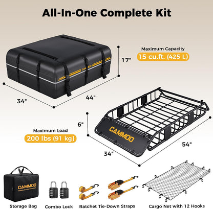 CAMMOO 54"x34" Roof Rack Basket, Removable Fairing & Support Bars for Kayaks/Long Gear, 15 Cu.Ft Waterproof Soft Bag+Lock+Net+Strap–200Lbs Capacity Rooftop Cargo Carrier for SUV Truck Camping