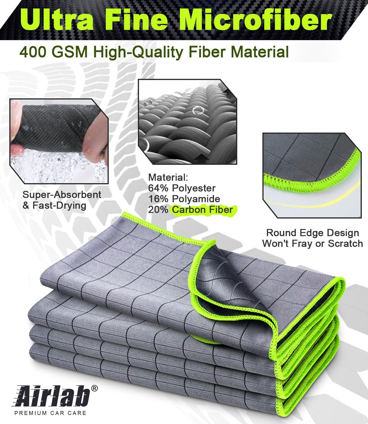 Airlab Microfiber Towels for Cars Wash Drying Thick Plush Cleaning Cloth Auto Detailing Super Absorbent for Interior & Exterior Lint Free, Streak Free, 16" X 16", 800 GSM, Pack of 4
