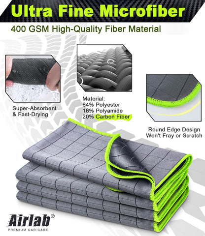 Airlab Microfiber Towels for Cars Wash Drying Thick Plush Cleaning Cloth Auto Detailing Super Absorbent for Interior & Exterior Lint Free, Streak Free, 16" X 16", 800 GSM, Pack of 4