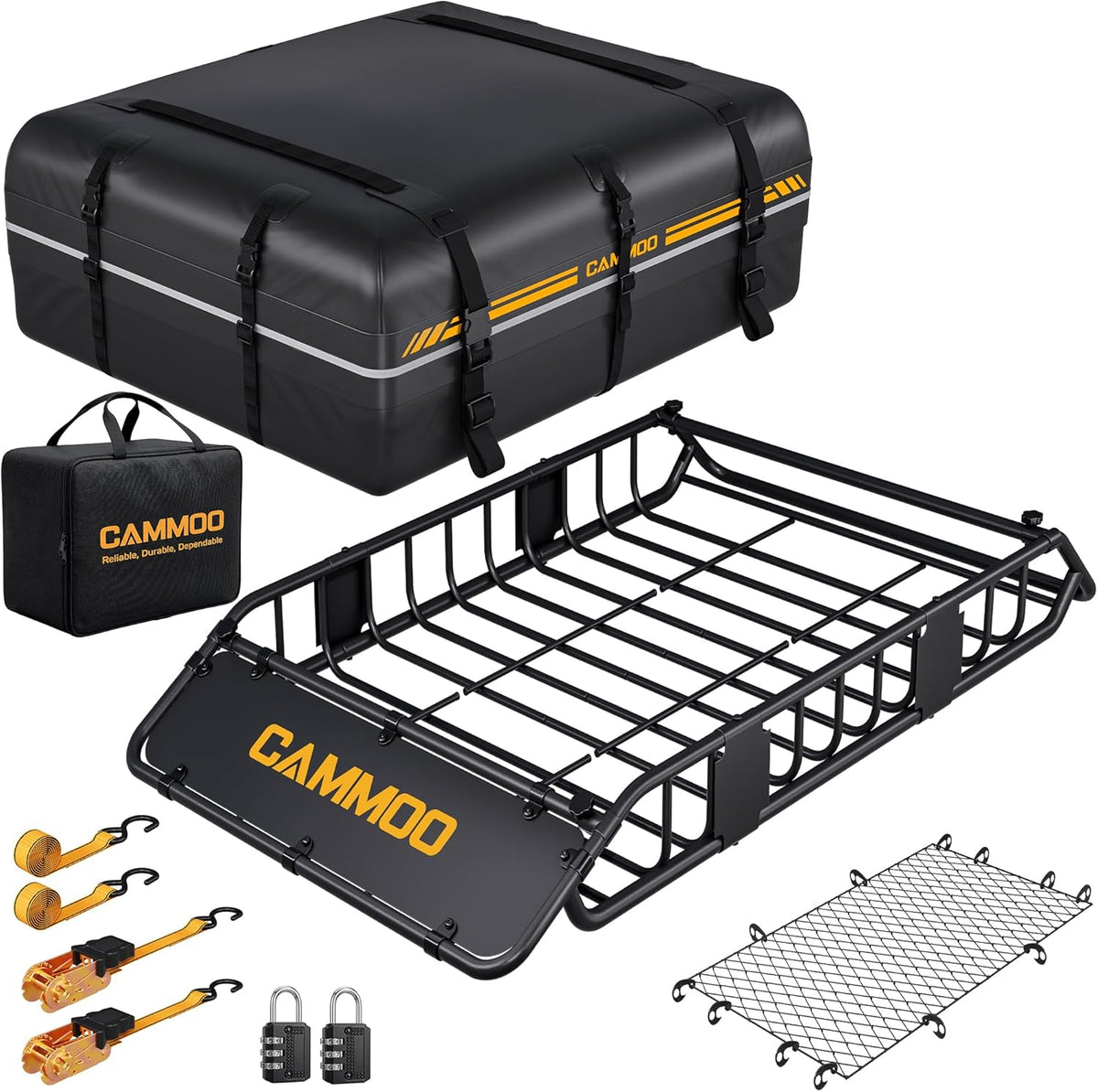 CAMMOO 54"x34" Roof Rack Basket, Removable Fairing & Support Bars for Kayaks/Long Gear, 15 Cu.Ft Waterproof Soft Bag+Lock+Net+Strap–200Lbs Capacity Rooftop Cargo Carrier for SUV Truck Camping