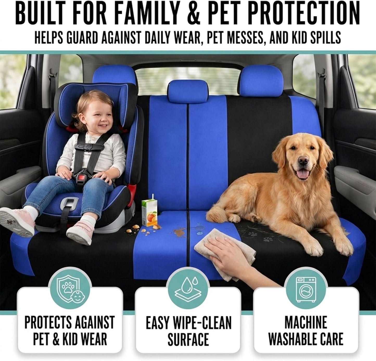 FH Group Full Set Cloth Car Seat Covers, Universal Fit Front and Split Bench Rear, Airbag Compatible, Washable for SUV, Sedan, Van - Black