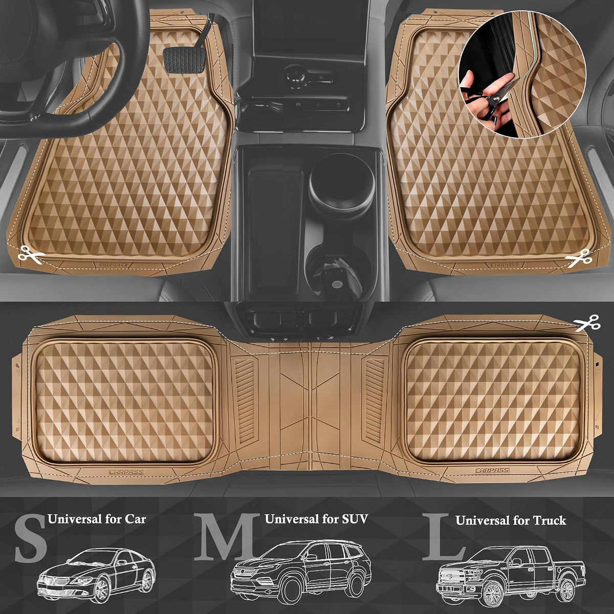 CAR PASS Heavy Duty Rubber Car Mats, Deep Dish All-Weather Floor Mat for Car Full Set Durable Anti-Slip 3D Rhombus Waterproof Trim to Fit Liner Universal Fit Automotive,Sedan,SUV,Truck, 3 Piece Black