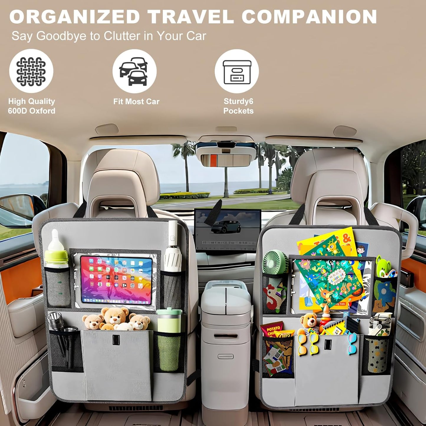 Car Backseat Organizer with Tablet Holder, 6 Storage Pockets Seat Back Protectors Kick Mats for Kids, Car Seat Protector for Road Trips 2 Pack (Black)