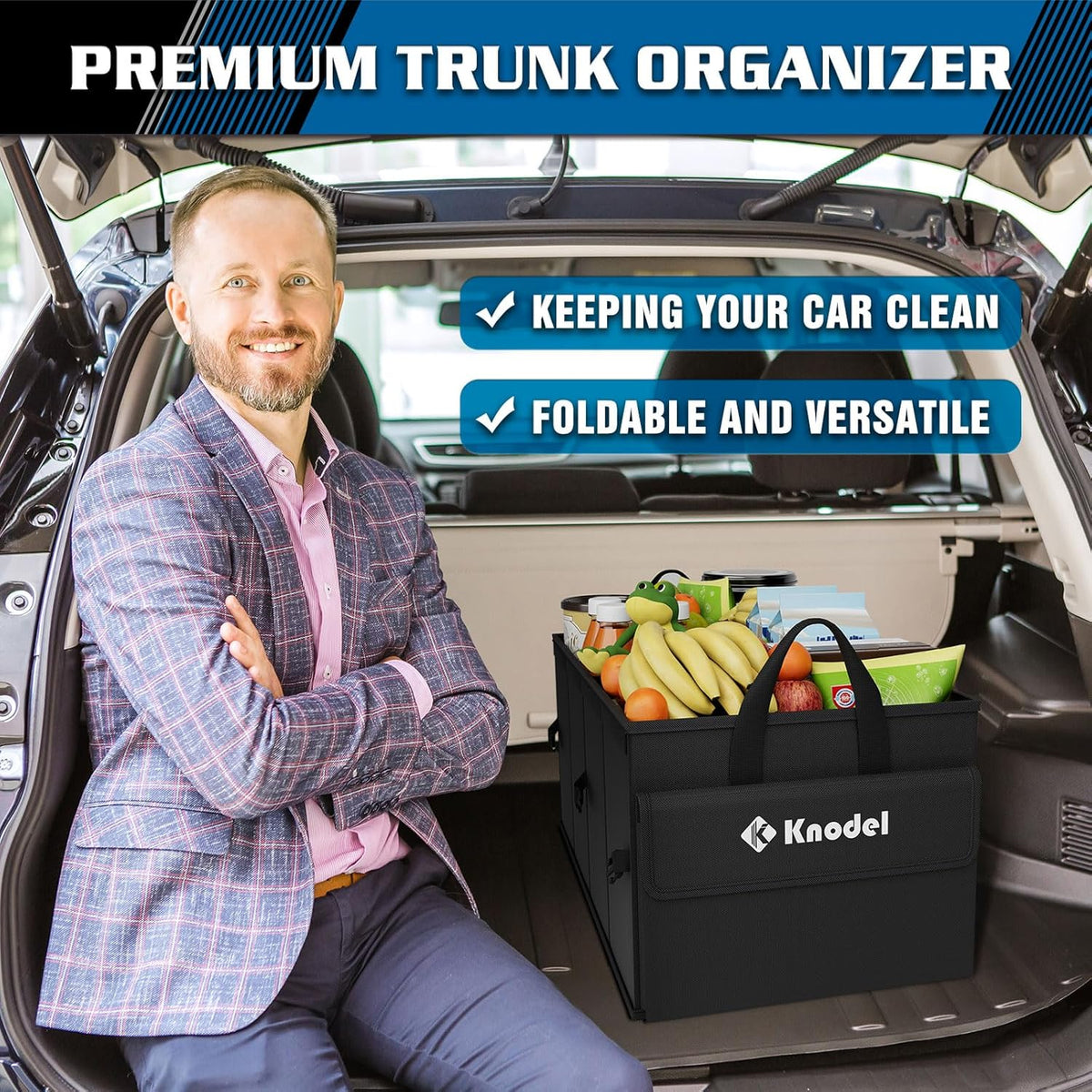 K KNODEL Car Trunk Organizer with Lid, Collapsible Car Trunk Storage Organizer, Car Organizer and Storage for SUV, Truck, Sedan (Medium, Black)