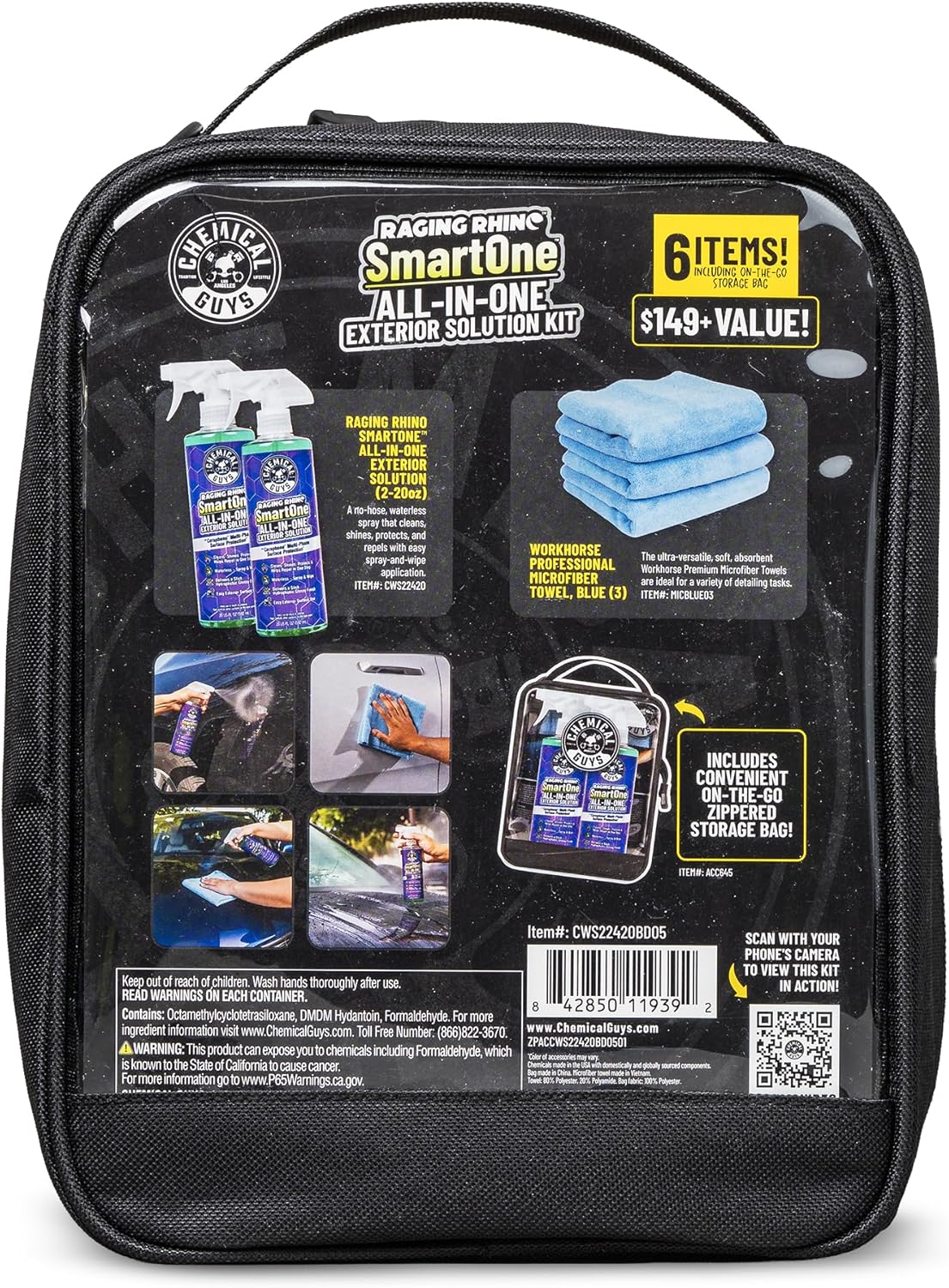 Chemical Guys Raging Rhino Waterless Car Wash And Quick Detailer Spray, No Rinse Exterior Cleaner For Paint, Glass, Wheels, Plastic, And Chrome, Spray And Wipe Shine, 20 Fl Oz