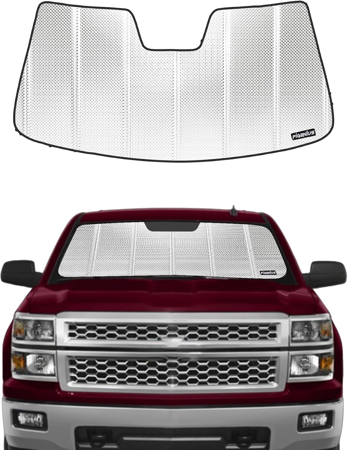 Pigenius Windshield Sunshade for Chevy Silverado/GMC Sierra 1500 2007-2013 (New Body Style Only), 2500HD/3500HD 2007-2014, Metallic Silver Finish