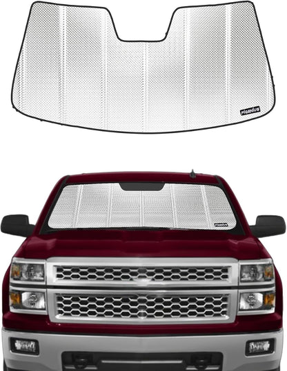 Pigenius Windshield Sunshade for Chevy Silverado/GMC Sierra 1500 2007-2013 (New Body Style Only), 2500HD/3500HD 2007-2014, Metallic Silver Finish