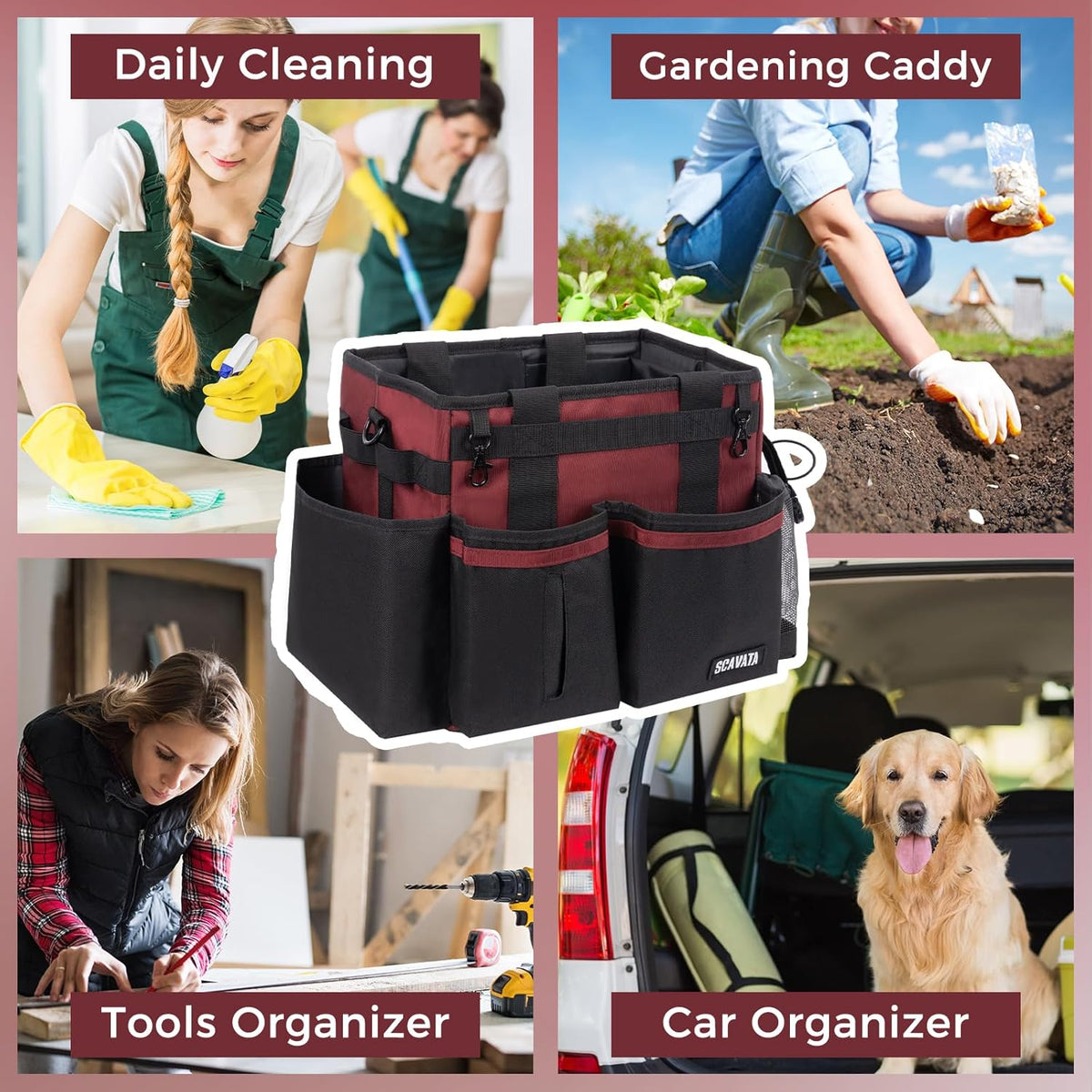 SCAVATA Compact Wearable Cleaning Caddy, Small Supplies Organizer with Handle & Shoulder Straps for Housekeepers, Under Sink & Car Cleaning Tool Organizer Bag (Black)