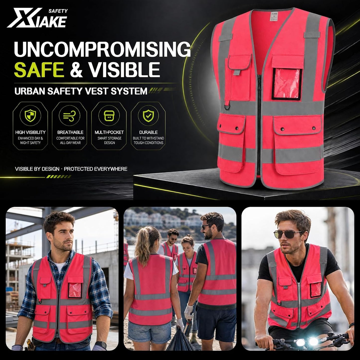 XIAKE Reflective Safety Vest for Men & Women High Visibility Class 2 Vest with Pockets Meets ANSI Standards