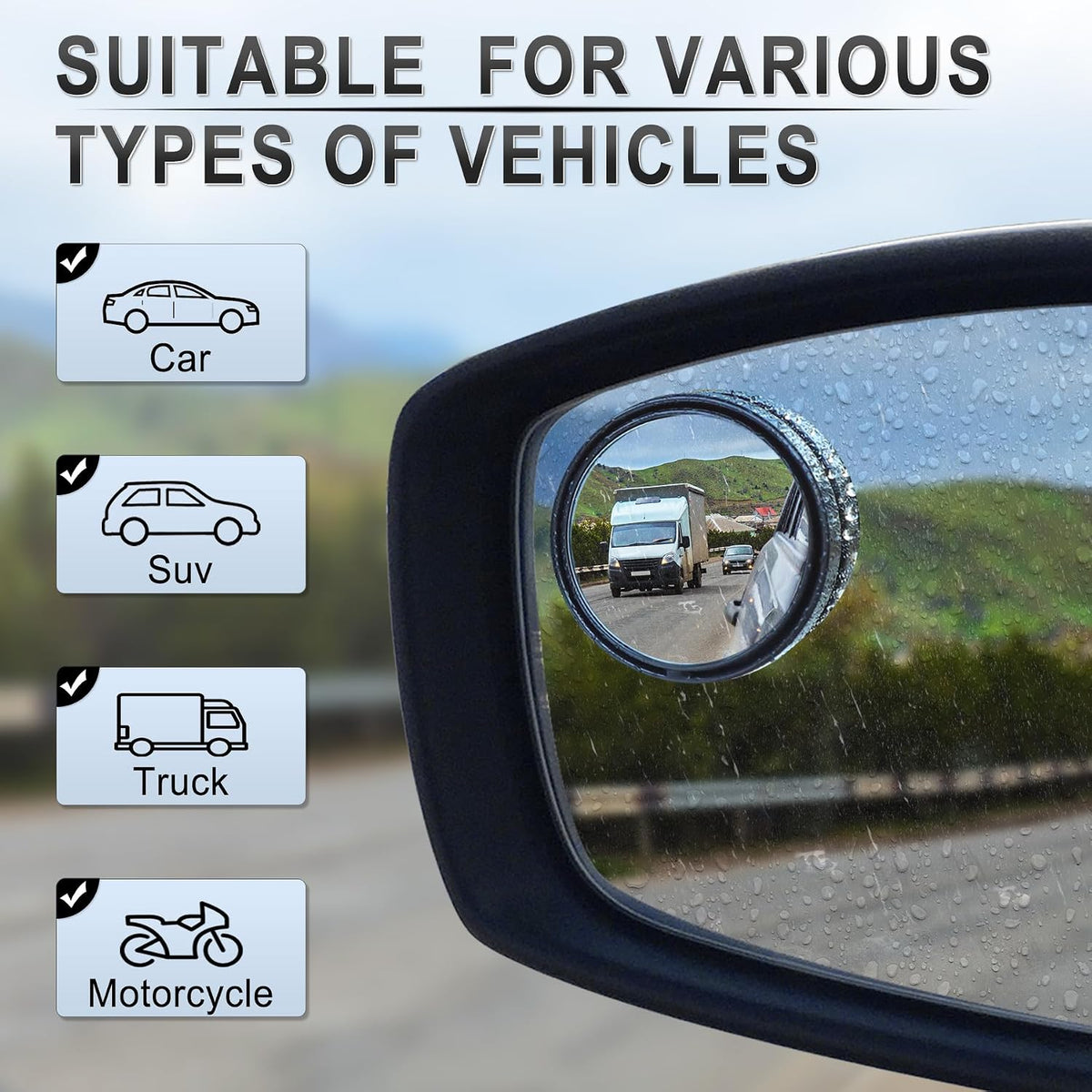 LivTee 2PCS Round Blind Spot Mirror, HD Glass and ABS Housing Convex Wide Angle Rearview Mirror with Adjustable Stick for Universal Car, Black