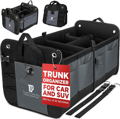 TRUNKCRATEPRO Trunk Organizer For Car, Suv, Truck | Premium Adjustable Multi Compartments Collapsible Car Trunk Organizer With Securing Straps & Non-Slip Bottom (Large Size, Black)
