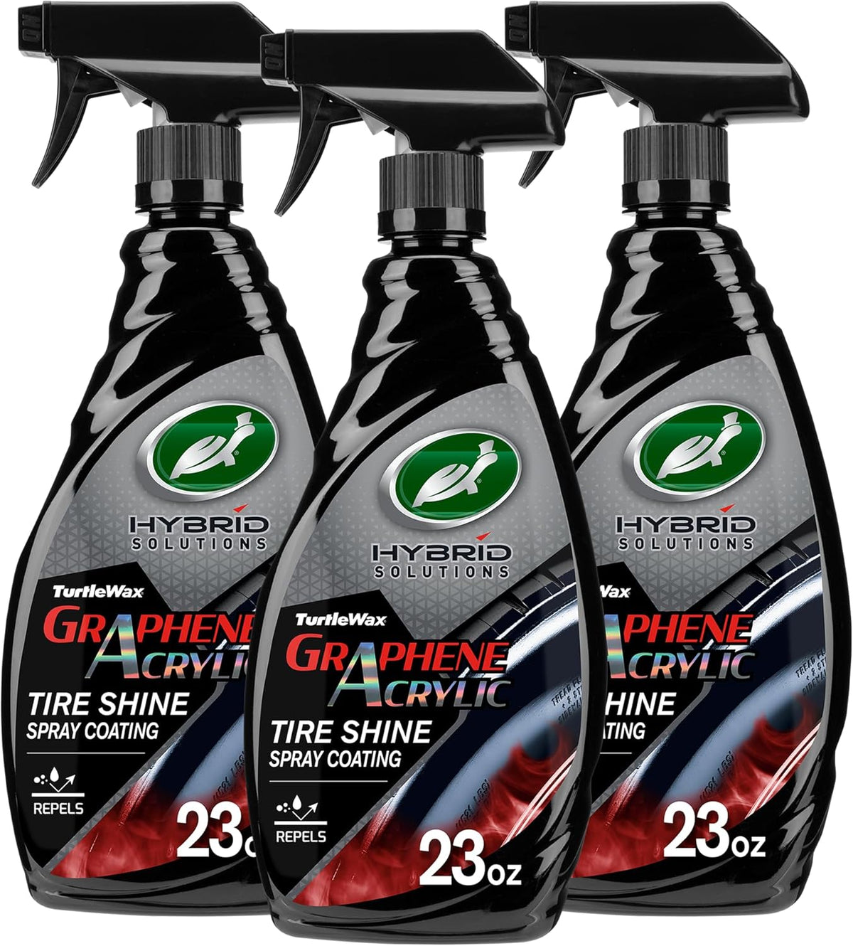 Turtle Wax Hybrid Solutions Graphene Acrylic Tire Shine Spray Coating, Long-Lasting Rich Black Shine, No-Sling, Water-Resistant Tire Dressing with UV and Dirt Repellent Protection, 23oz (Pack of 1)