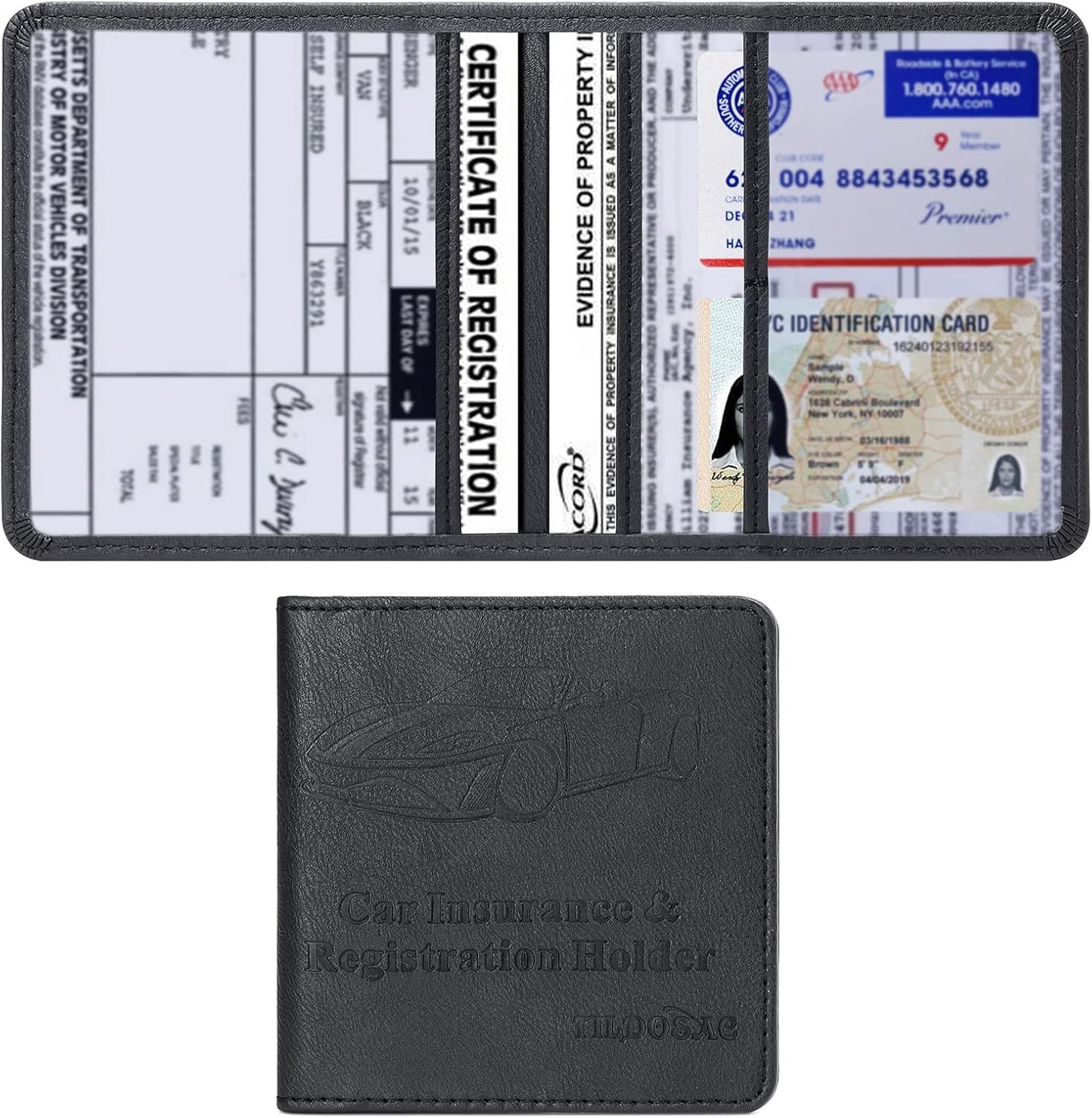 TILDOSAC Leather Car Registration and Insurance Card Holder, Car Document Holder for Cards License with Magnetic Shut (Black, large)