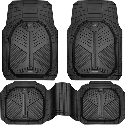 CAR PASS Heavy Duty Rubber Car Mats with Cargo Liner, Deep-Dish Car Floor Mats and Trunk Mat All Weather, Universal Trim-to-Fit for SUVs Trucks Sedans, Waterproof Anti-Slip, Trimmable V12 Black