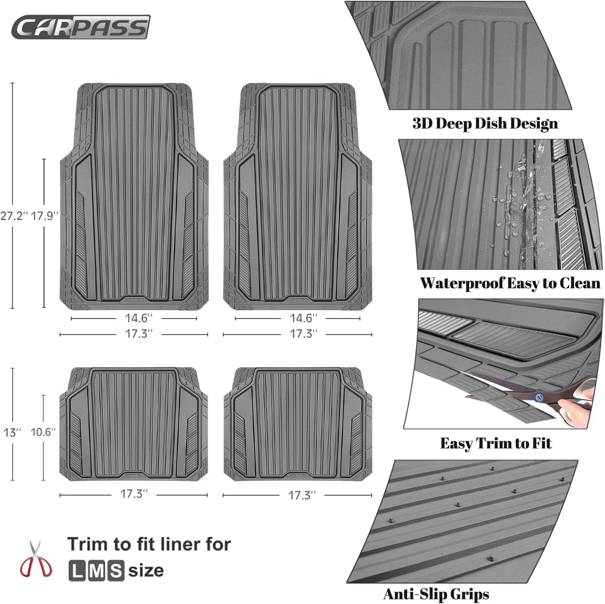 CAR PASS Heavy Duty Rubber Car Mats Metallic, Aluminum Film All Weather Floor Mats Waterproof Universal Trim to Fit Automotive SUV Sedan Van 4 Piece Anodized Deep Dish Two-Tone Sporty Black Red Chrome