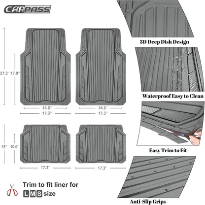CAR PASS Heavy Duty Rubber Car Mats Metallic, Aluminum Film All Weather Floor Mats Waterproof Universal Trim to Fit Automotive SUV Sedan Van 4 Piece Anodized Deep Dish Two-Tone Sporty Black Red Chrome
