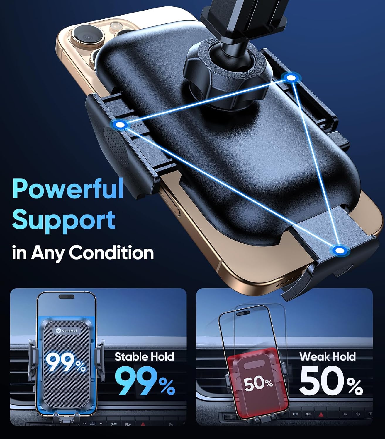 VICSEED 2026 Ultimate Sturdy Car Phone Holder [Upgraded 95+LBS Strongest Suction] Universal Long Arm Cellphone Mount for Car Dashboard Windshield Vent Truck Boat for iPhone 17 16 Pro Max & Android