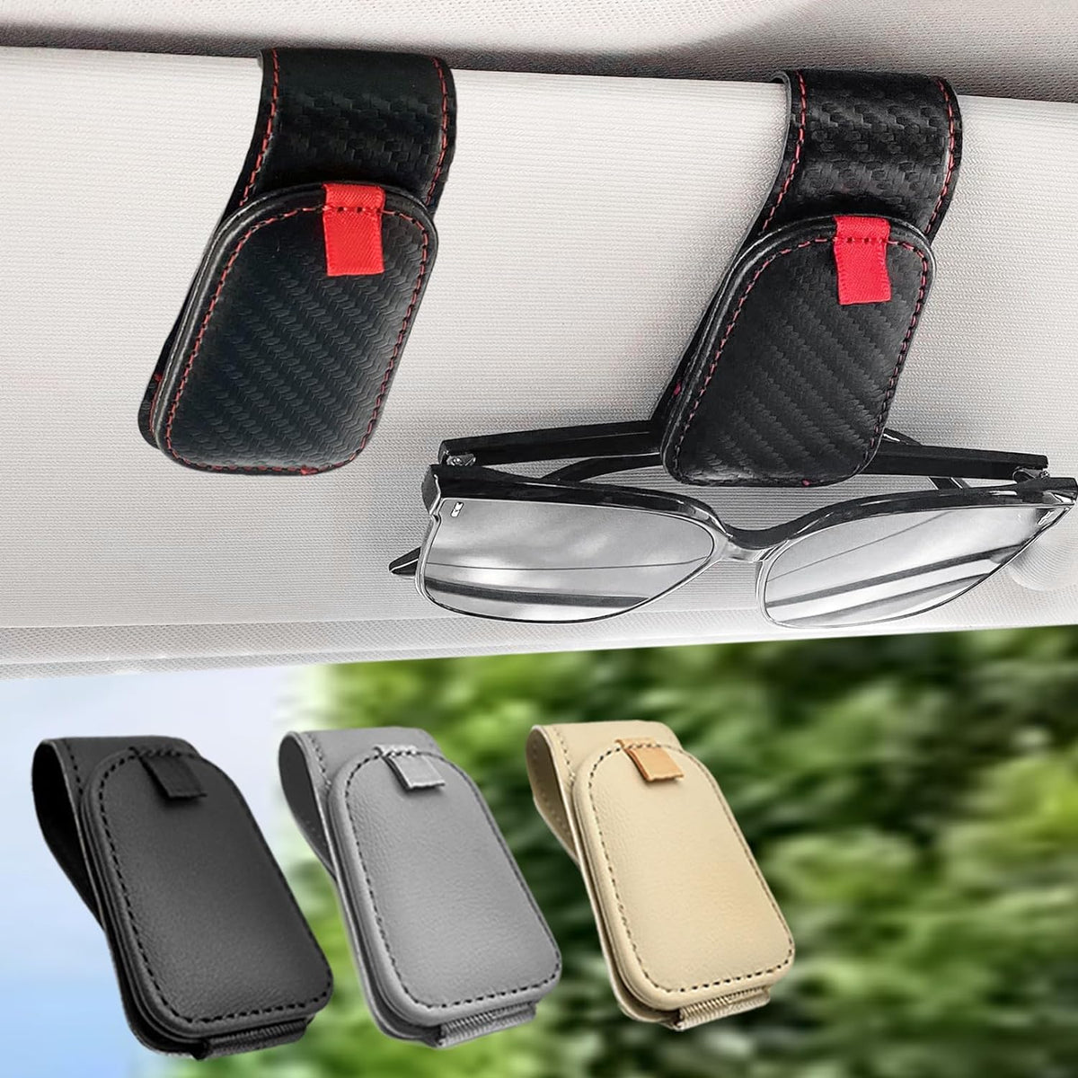 Sunglass Holder for Car, 2 Pack Car Sunglass Holder Visor Clip Magnetic Leather Sun Glasses Eyeglass Hanger, Black, Fit for Different Size Eyeglasses