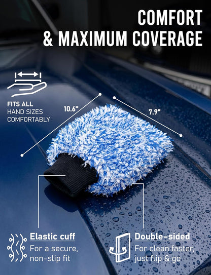 TAKAVU Car Wash Mitt Scratch Free, 2 Pack Microfiber Wash Mitts for Auto Detailing, Soft Lint Free Cleaning Gloves, Holds Sudsy Water, Machine Washable (Blue)