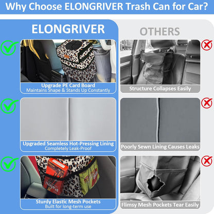 ELONGRIVER Car Trash Can Bin for Back Seat Leak Proof, Cute Car Trash Bag Hanging, Vehicle Trash Can for SUV Truck Van, Automotive Garbage Cans Front Seat Black