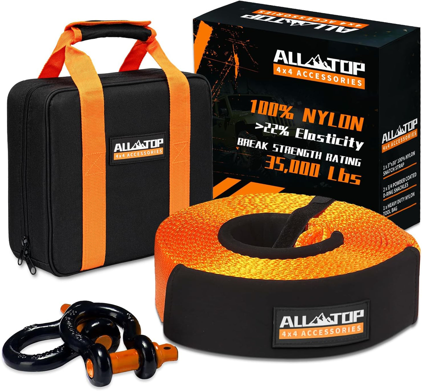 ALL-TOP Heavy Duty Tow Strap Recovery Kit: 3 inch x 20ft (35,000lbs) 100% Nylon and 22% Elongation Snatch Strap + 3/4 Heavy Duty D Ring Shackles (2pcs) + Storage Bag