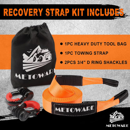 METOWARE Recovery Tow Strap Kit 3" x 20ft, Heavy Duty Recovery Strap 35,000lbs Break Strength with 3/4" D Ring Shackles(2pcs) & Storage Bag, Emergency Off Road Towing Rope for SUV, UTV, ATV, Truck