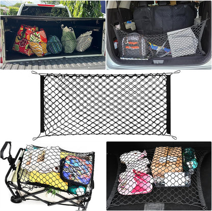 Cargo Net, Premium Dual-Layer Nylon Cargo Net for SUV, Automotive Exterior Accessories, Adjustable Elastic Trunk Net with Hook, Car Accessories for SUV, Truck, Pickup (35.4x15.7 Inch)
