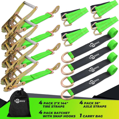 Trekassy 2" x 144" Car Tie Down Straps for Trailers, Heavy Duty Tire Tie Downs for ATV/UTV, 10000lbs Break Strength, Include 4 Axle Straps for Different Uses