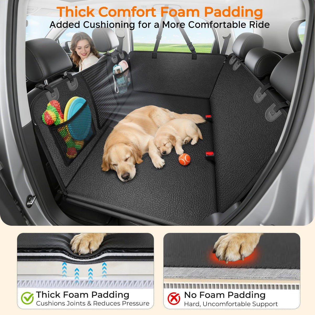 URPOWER 2026 Upgraded Back Seat Extender for Dogs - Large Hard Bottom Dog Car Seat Cover Holds 550lbs, Waterproof Dog Hammock Pet Bed with High-Density Foam Non-Slip Backseat Protector