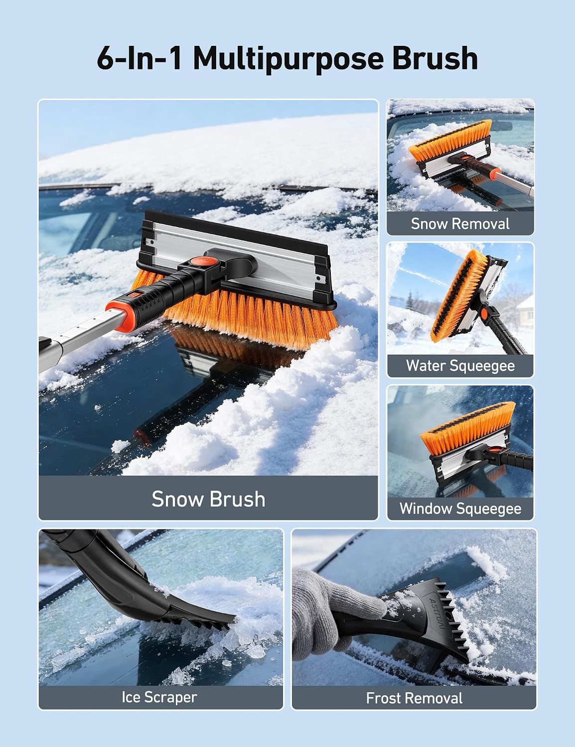 AstroAI 47.2" Ice Scrapers for Car Windshield, 3 in 1 Sturdy Snow Brush with Squeegee, 10 Adjustable Length Settings, Extendable Aluminum Handle, 180° Pivoting Snow Scraper for Car, Truck, SUV(Blue)