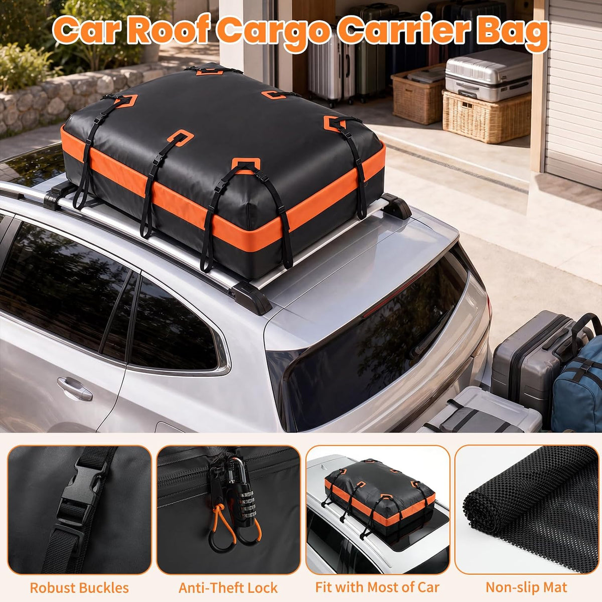 20 Cubic Feet Heavy Duty Waterproof Car Rooftop Cargo Carrier Bag | for All Vehicles with/without Rack, Includes Anti-Slip Mat, Reinforced Straps, Door Hooks, Storage & Luggage Lock