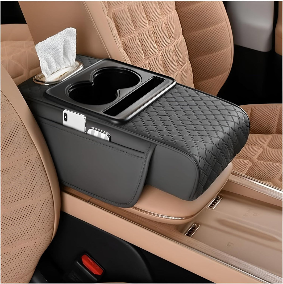 Zpana Car Center Console Armrest Pillow, Memory Foam Leather 4 in 1 Vehicle Arm Rest Cover with Tissue Box 2 Side Storage Bag Cup & Phone Holder, Auto Armrest Cushion, Universal Fit (Black)