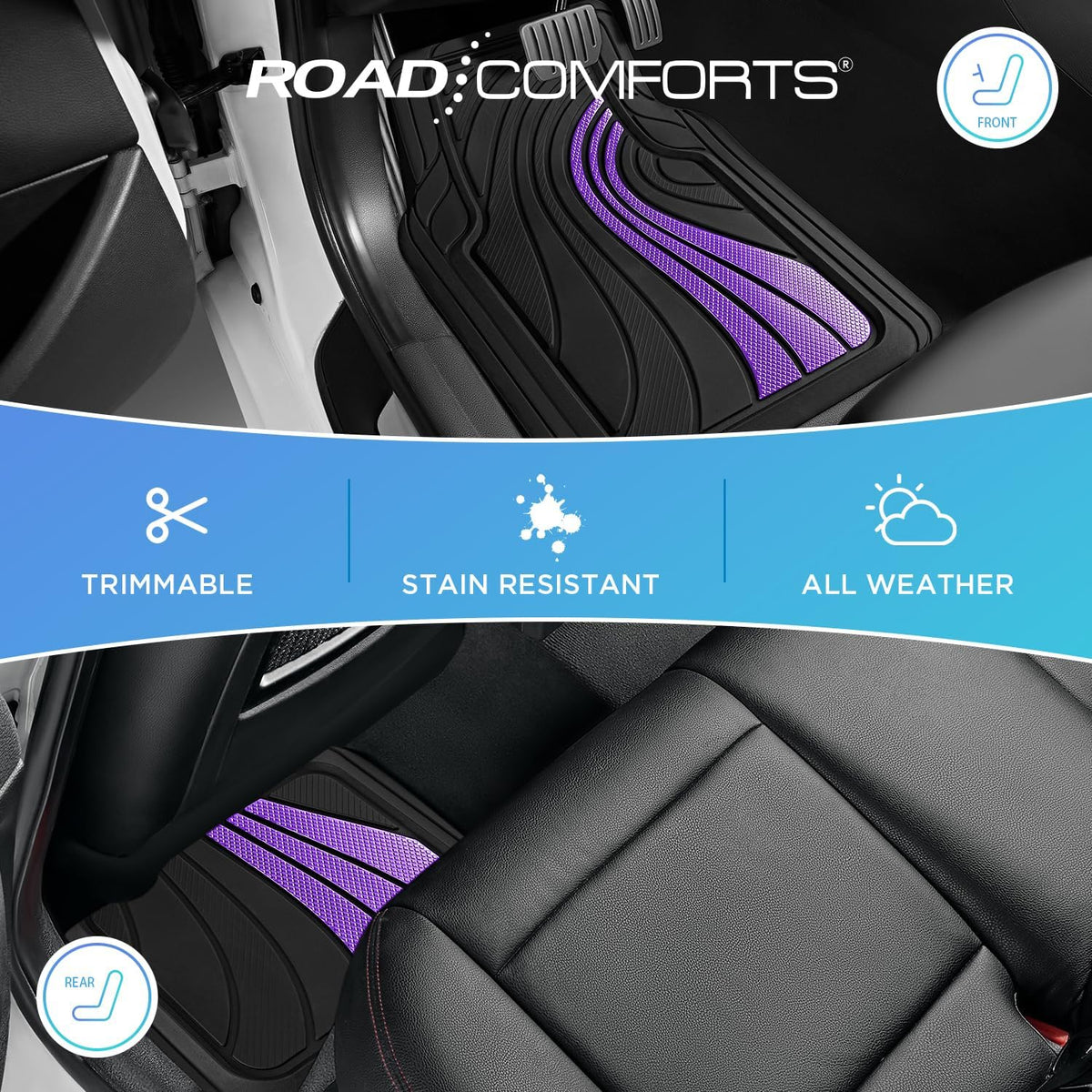 Road Comforts Car Floor Mats Full Set – Front & Rear Car Floor Mats with Aluminum Design, Anti-Slip Backing, All-Weather Protection, Trim-to-Fit Car Mats for Most Sedans, SUVs & Vans -All Pink