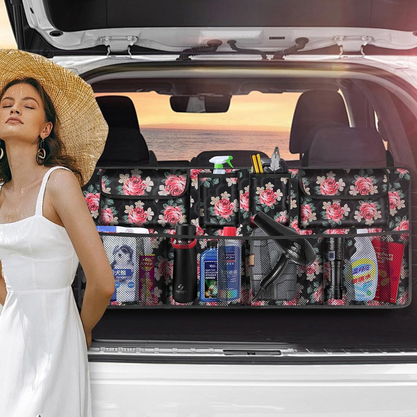 esouler Car Trunk Organizer, Super Capacity Backseat Car Organizer for SUV/Truck/MPV(42"*18"), Hanging Car Storage Organizer with 8 Pocekts, Car Accessories for Women and Men- Black