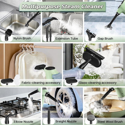 Handheld Steam Cleaner, Portable Steamer for Cleaning with 18PCS Accessories, 12s Fast Heating, Pressurized Steam Cleaner for Home, Kitchen, Bathroom, Car Detailing, Window, and Clothes, Green