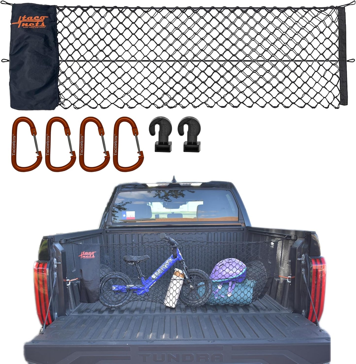 TacoNets Envelope Cargo Net for GMC Sierra & Chevy Silverado - Fits 2013-Current - Upgraded 5mm Bungee - Integrated Storage Bag - Heavy Duty Carabiners - Designed in USA