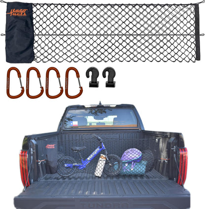 TacoNets Envelope Cargo Net for GMC Sierra & Chevy Silverado - Fits 2013-Current - Upgraded 5mm Bungee - Integrated Storage Bag - Heavy Duty Carabiners - Designed in USA