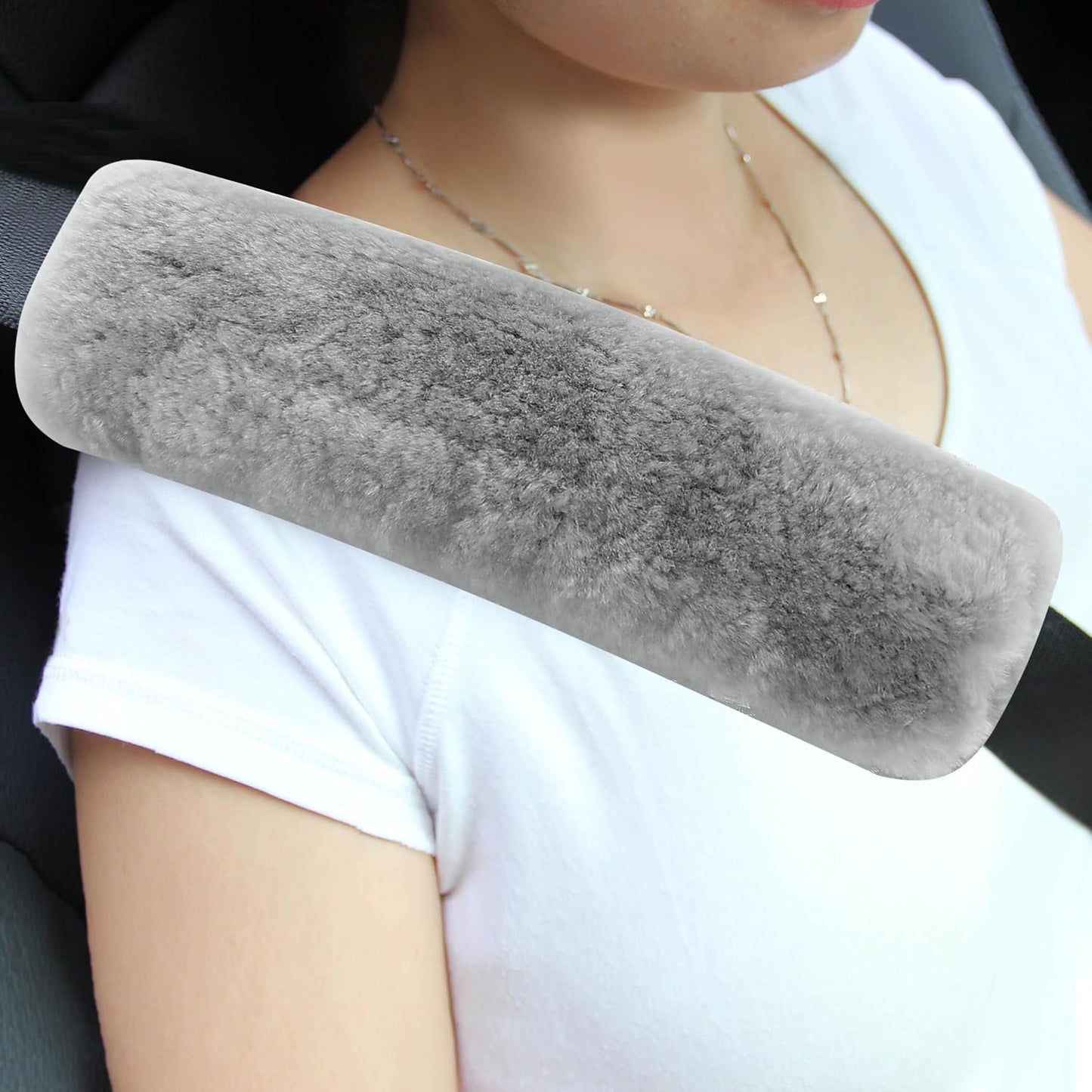 Amooca Soft Faux Fur Universal Fit Seatbelt Cover Car Truck SUV Airplane Seat Belt Shoulder Pad for Carmera Backpack Straps Neck Cushion Protector 2 Pack 10.5in Dark Gray