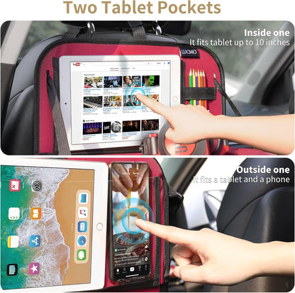 LUCMO Car Backseat Organizer with Tablet Holder,6 Storage Pockets Car Storage Organizer with Foldable Food Tray,Protectors Kick Mats Travel Accessories-Black