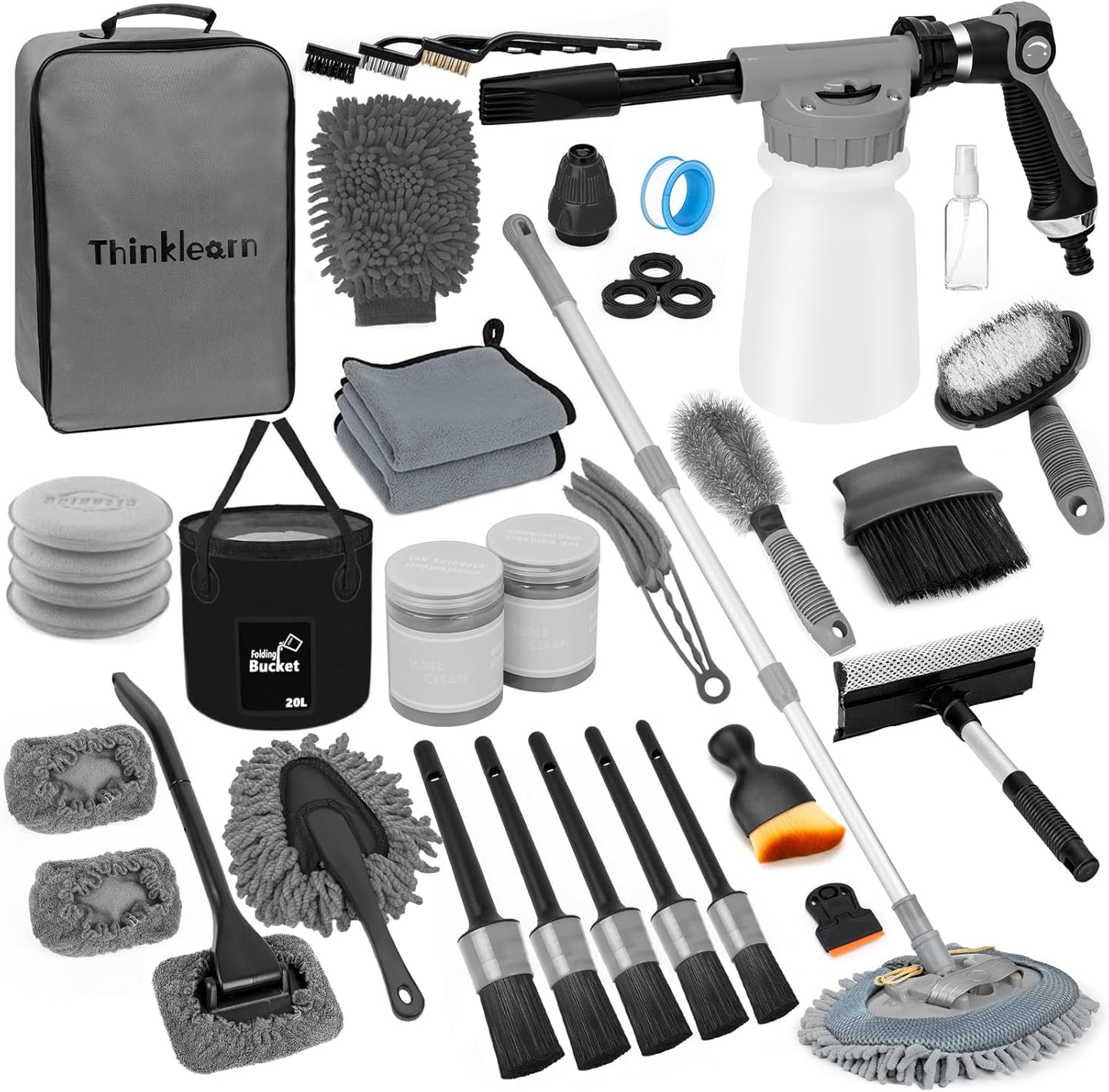 ThinkLearn Car Wash Detailing Kit with Foam Gun, Car Cleaning Kit Set,Car Wash Brush with Long Handle, Large Folding Bucket for Interior Exterior Car Wash Supplies, Car Gift Set Gray